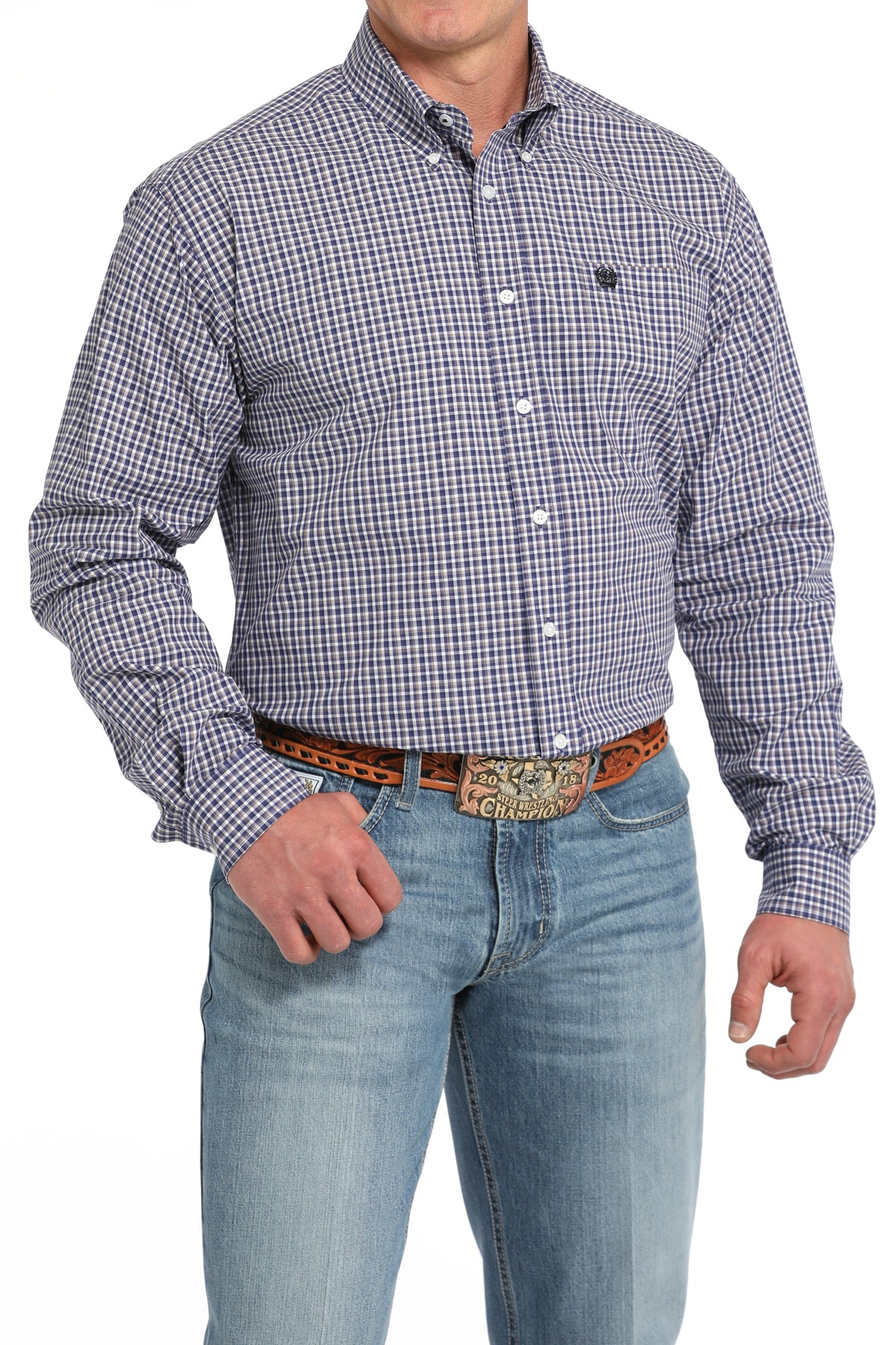 Cinch Mens Navy Plaid Print Long Sleeve Shirt MTW1105851