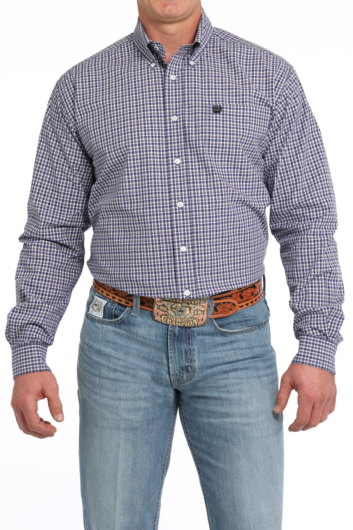 Cinch Mens Navy Plaid Print Long Sleeve Shirt MTW1105851