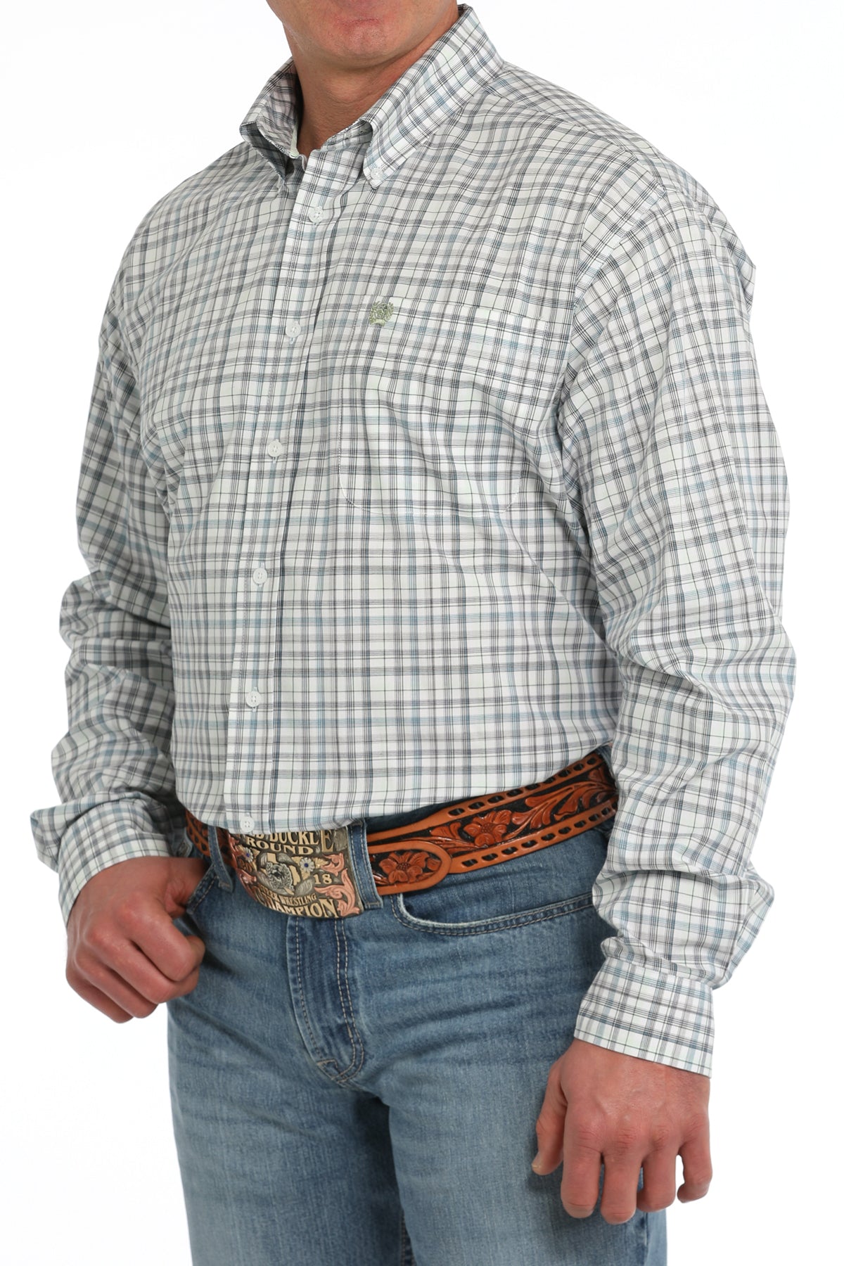 Cinch Mens White Plaid Print Long Sleeve Shirt MTW1105860