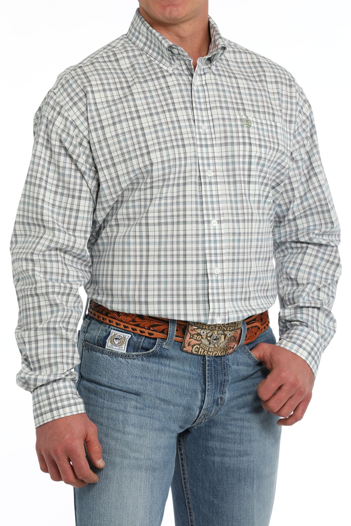Cinch Mens White Plaid Print Long Sleeve Shirt MTW1105860