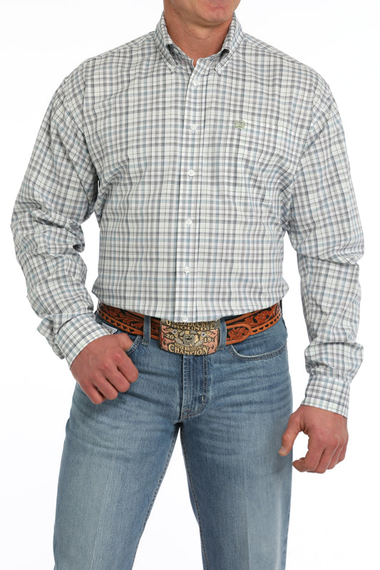 Cinch Mens White Plaid Print Long Sleeve Shirt MTW1105860