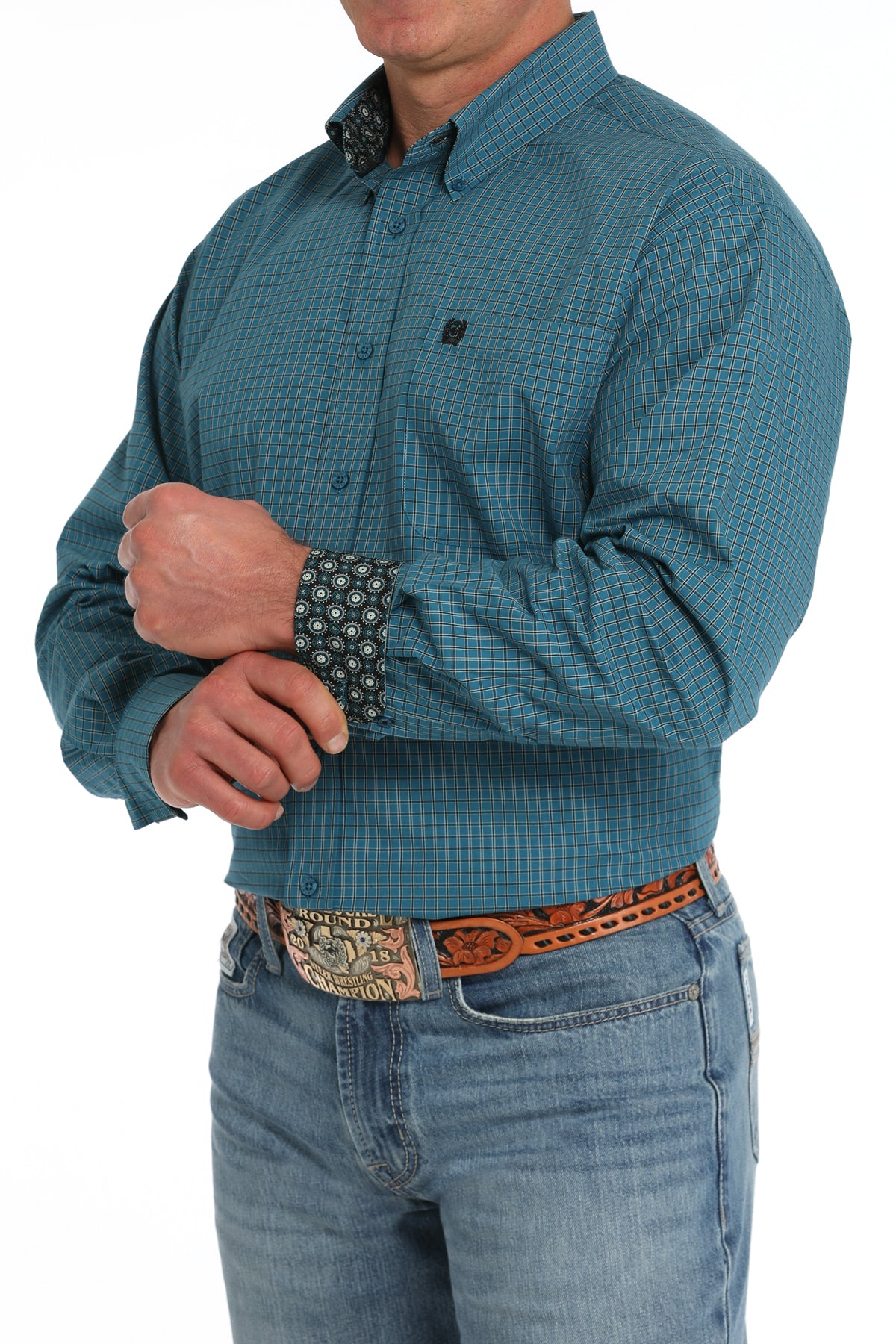 Cinch Mens Dark Teal Plaid Print Long Sleeve Shirt MTW1105865