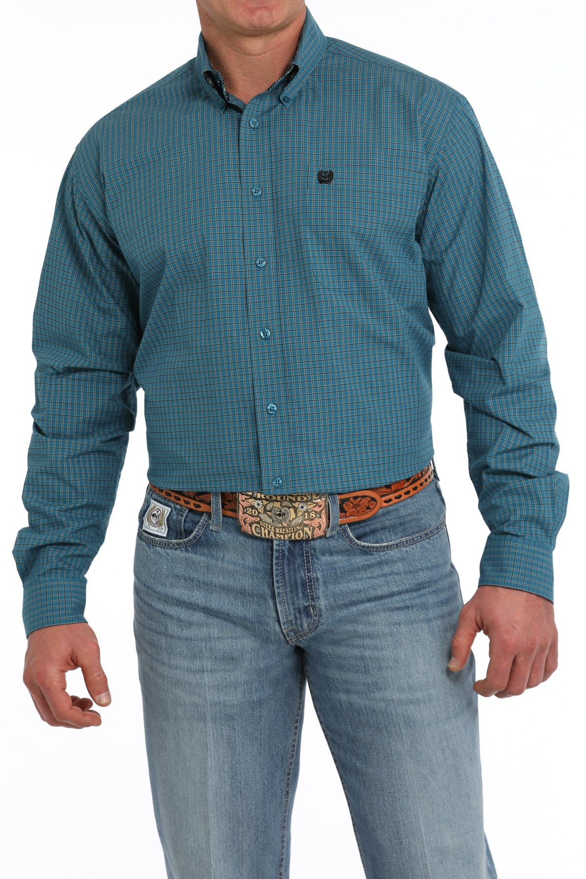 Cinch Mens Dark Teal Plaid Print Long Sleeve Shirt MTW1105865