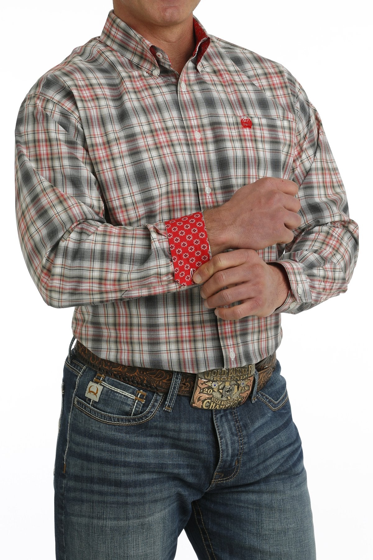 Cinch Mens Red and Gray Plaid Shirt MTW1105728