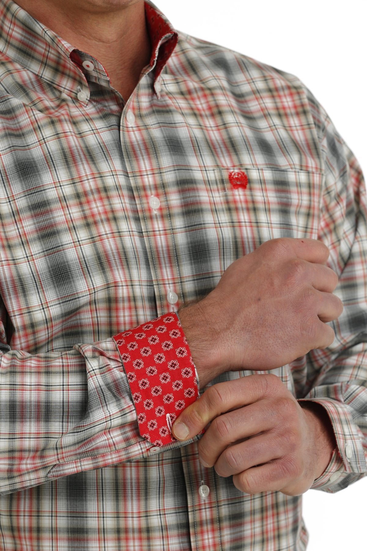 Cinch Mens Red and Gray Plaid Shirt MTW1105728