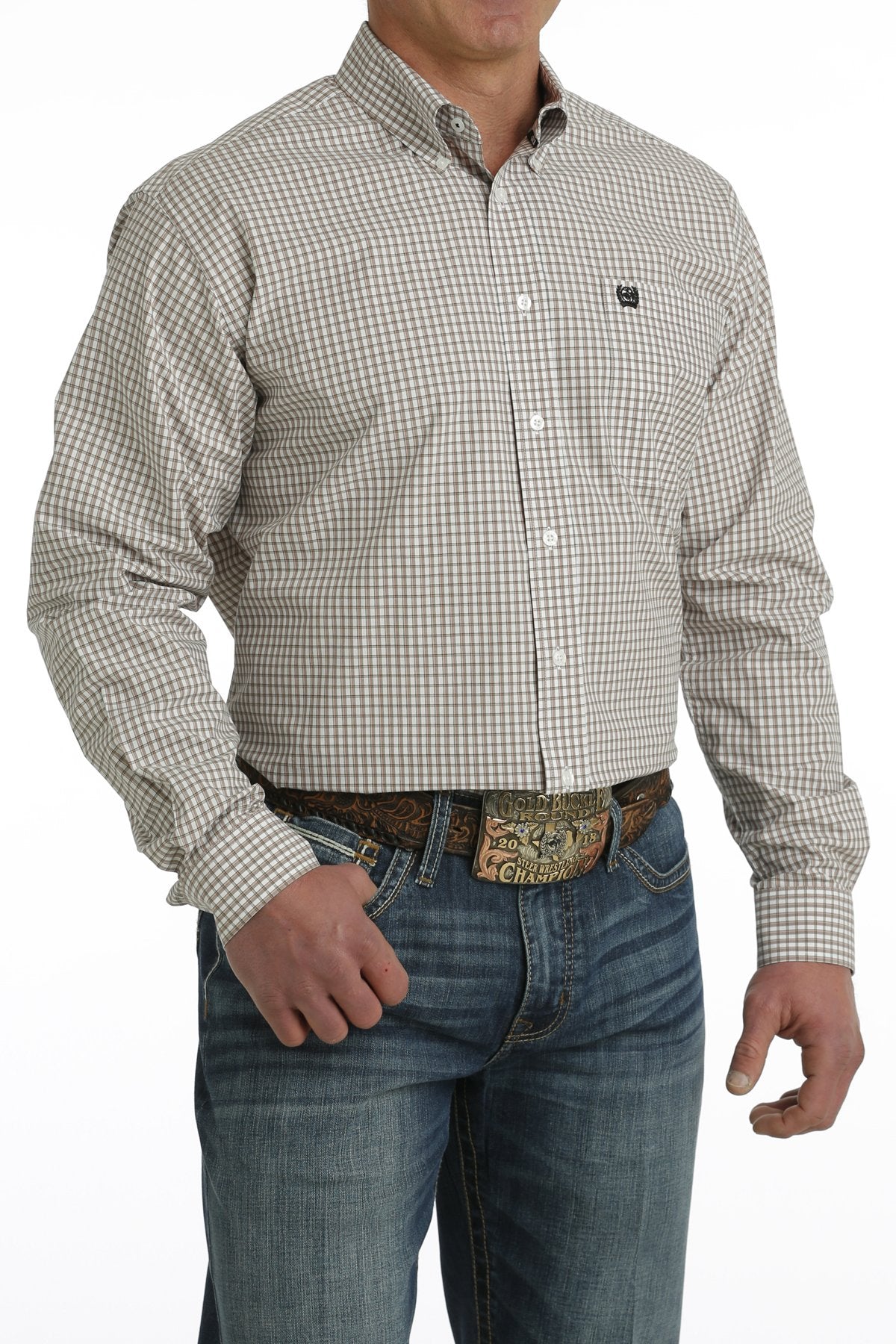 Cinch Mens Tan Small Plaid Shirt MTW1105718