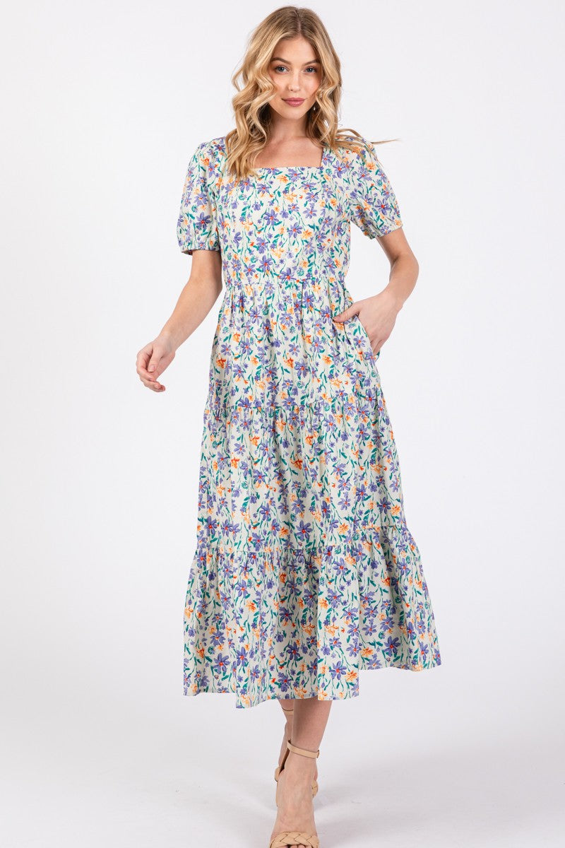 Square Neck Poplin Print Midi Dress