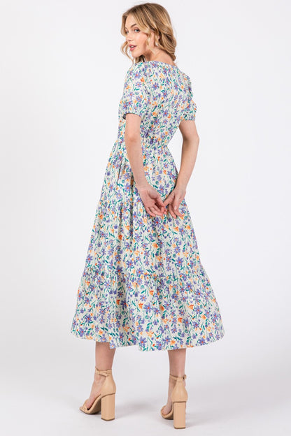 Square Neck Poplin Print Midi Dress