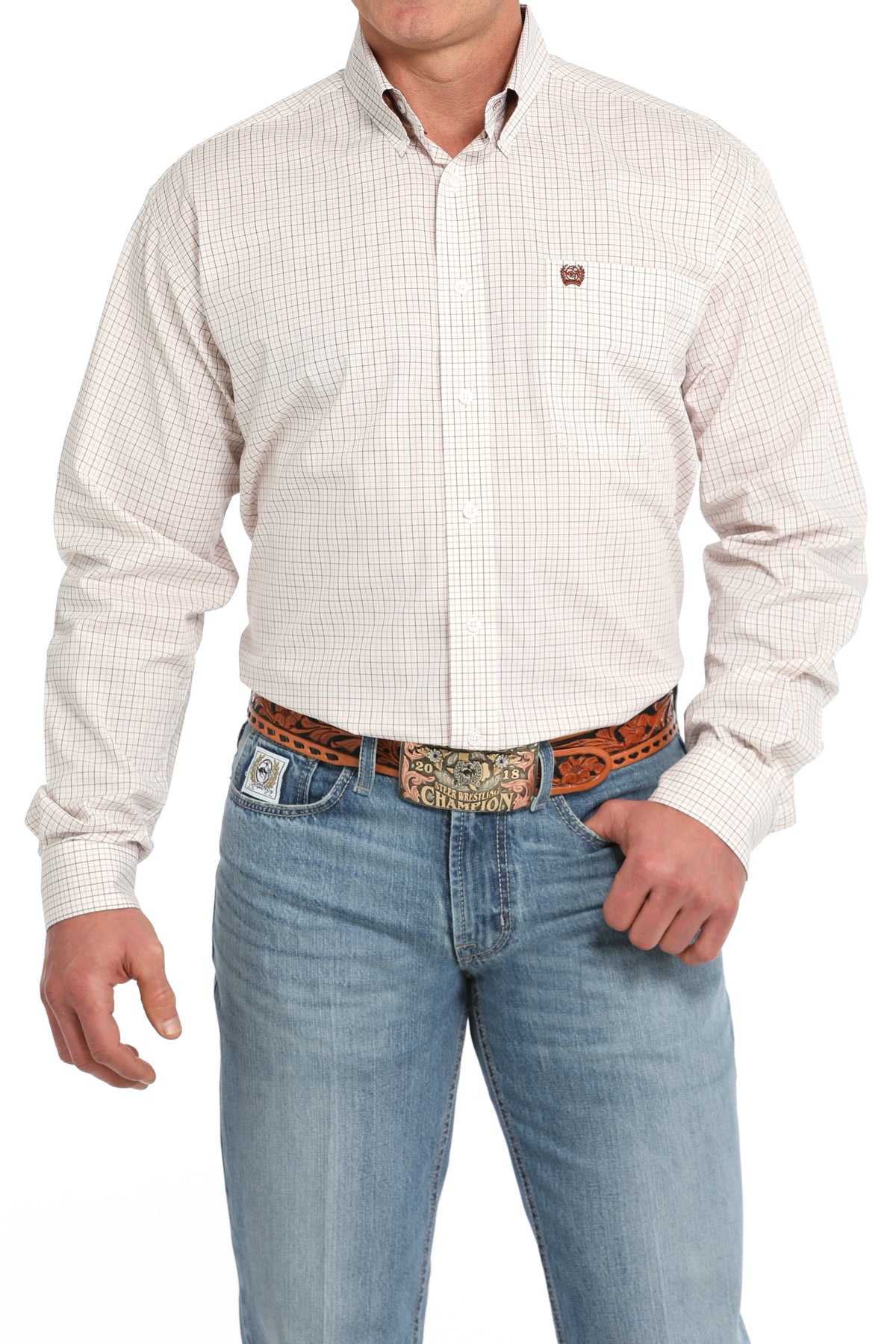 Cinch Mens White Plaid Long Sleeve Shirt MTW1105834