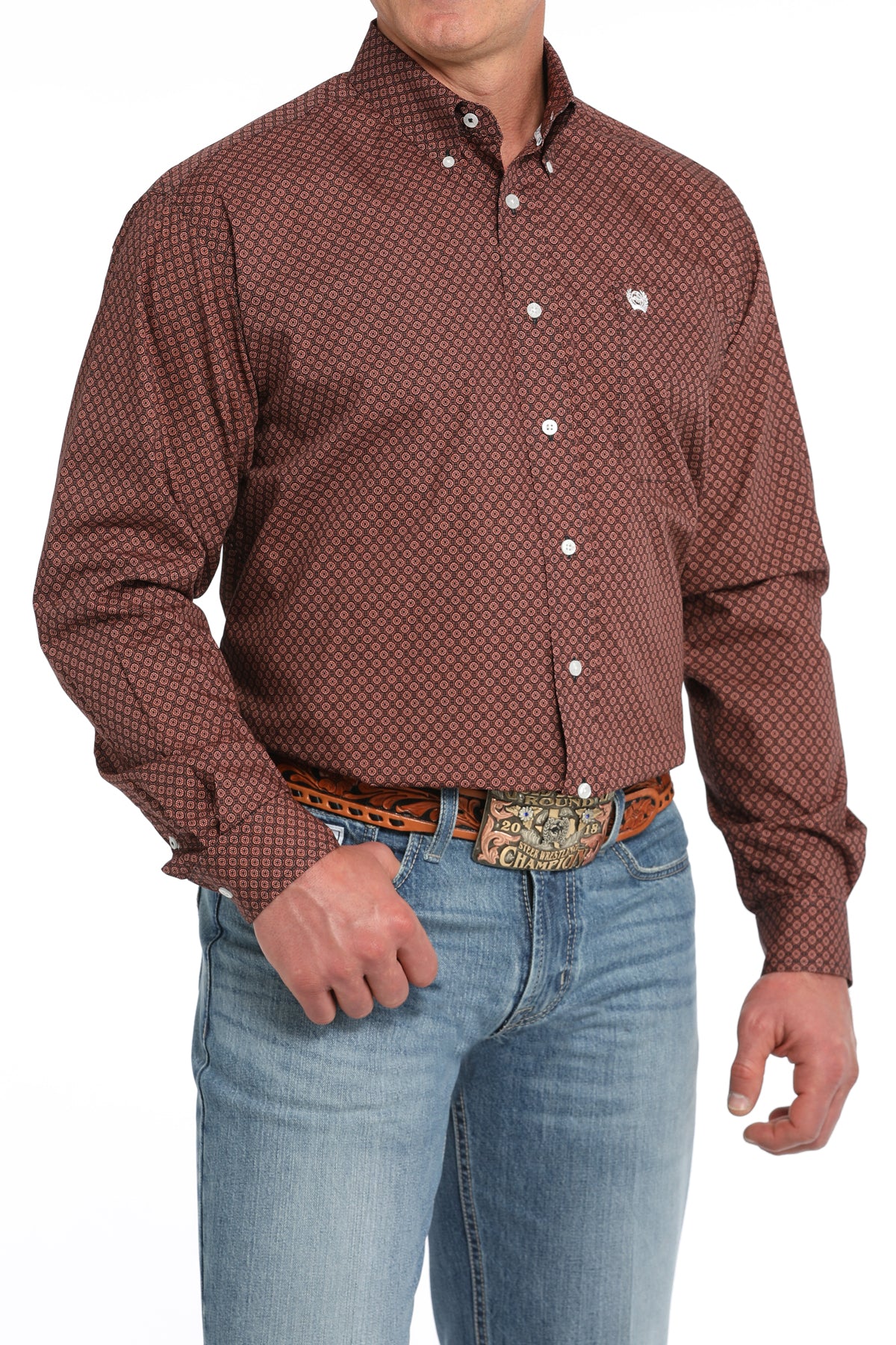 Cinch Mens Maroon Geo Print Long Sleeve Shirt MTW1105846