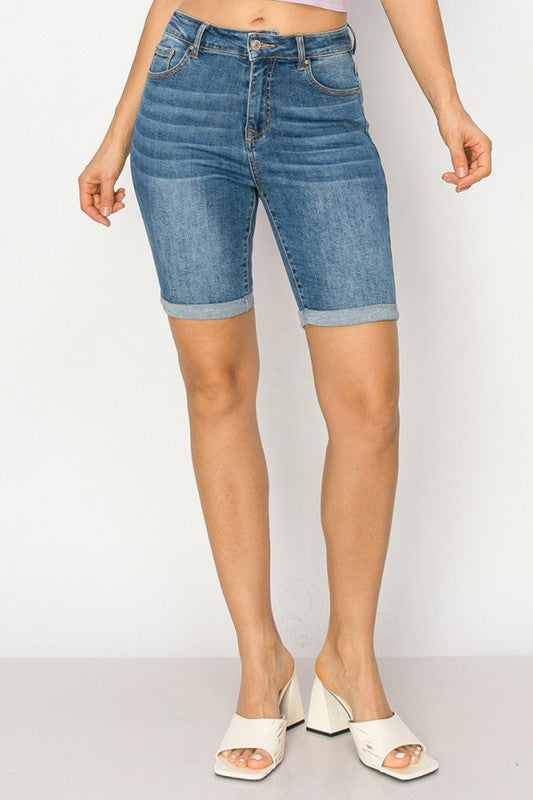 Basic Bermuda Denim Jean Shorts with Rolled Cuff