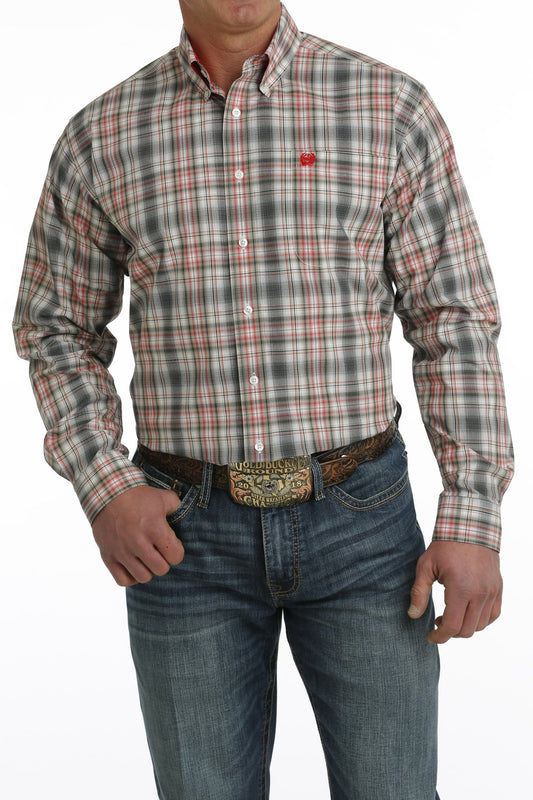 Cinch Mens Red and Gray Plaid Shirt MTW1105728