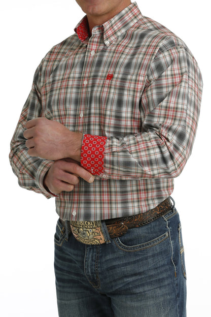 Cinch Mens Red and Gray Plaid Shirt MTW1105728